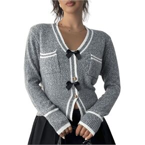 GORGLITTER Women's Bow Cardigan Cute Button Up Long Sleeve Knit Tweed Sweaters