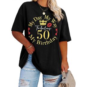 Womens 50th Birthday Shirt: Plus Size 50 and Fabulous Shirt 50th Birthday Party Tshirt Short Sleeve Tops