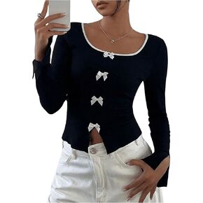 Milumia Women's Color Block Bow Knot Long Sleeve Shirt Top Scoop Neck Y2K Going Out T Shirt