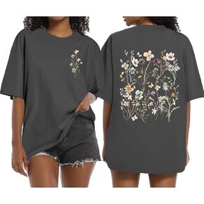 Boho Floral Graphic Tees Vintage Flower T Shirt for Women Oversized Wildflowers Cottagecore Shirts Garden Lover Tops