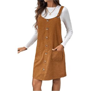 SOLY HUX Women's Corduroy Overall Dress Button Front Sleeveless Pinafore Short Dresses with Pockets
