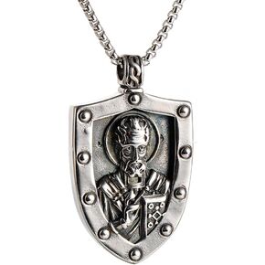 Saint Nicholas Catholic Necklace - Vintage Stainless Steel St. Nicholas Pendant Shield Amulet Christian - Patron Saint of Bakers Brides