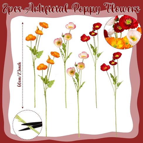 Crowye Silk Artificial Poppy Faux Poppy Spring Flowers Real Touch Flowers for Home Kitchen Wedding Decorations Floral Arrangement Table Centerpieces Vase Bouquet (Multicolor, 8 Bunches) in Kuwait