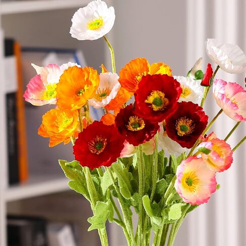 Crowye Silk Artificial Poppy Faux Poppy Spring Flowers Real Touch Flowers for Home Kitchen Wedding Decorations Floral Arrangement Table Centerpieces Vase Bouquet (Multicolor, 8 Bunches) in Kuwait