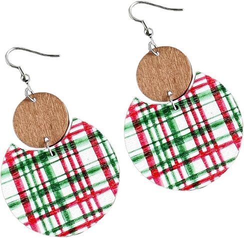 Colorful Christmas Plaid Round Wooden Dangle Earrings Dainty Christmas Plaid Snowflake Deer Tree Flower Print Earrings for Women Girls Jewelry in Saudi Arabia