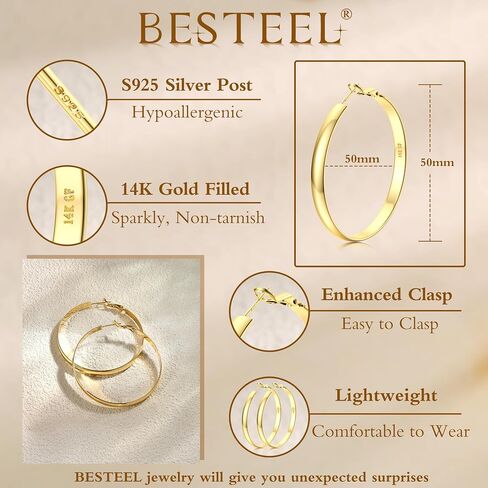 BESTEEL 14K Gold Filled Hoop Earrings for Women, 5mm Wide Large Flat Gold Hoop Earrings, Hypoallergenic Lightweight Oversized Big Hoop Earrings Gold in Saudi Arabia