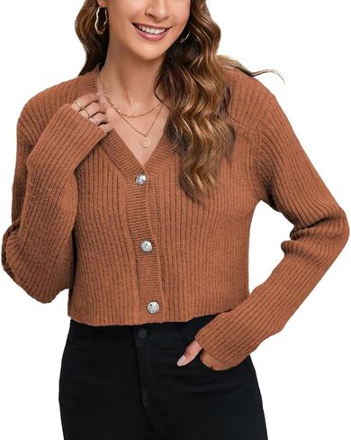 Women's Fall Cropped Cardigan Sweaters V Neck Long Sleeve Open Front Button Down Knit Sweater Tops Outerwear Coats. in Saudi Arabia