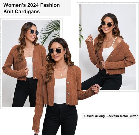 Women's Fall Cropped Cardigan Sweaters V Neck Long Sleeve Open Front Button Down Knit Sweater Tops Outerwear Coats. in Saudi Arabia