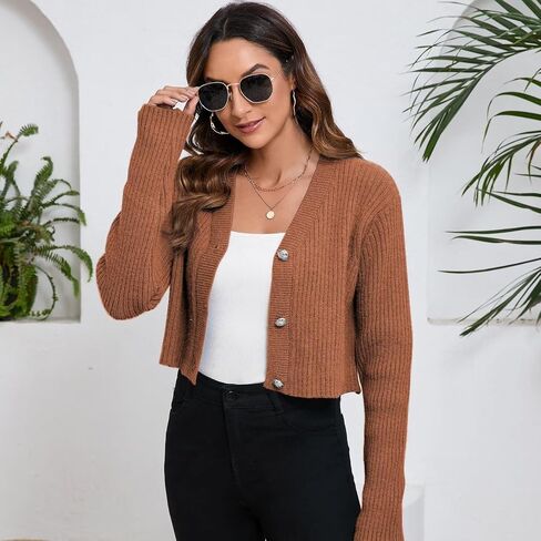 Women's Fall Cropped Cardigan Sweaters V Neck Long Sleeve Open Front Button Down Knit Sweater Tops Outerwear Coats. in Saudi Arabia