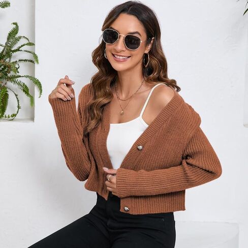 Women's Fall Cropped Cardigan Sweaters V Neck Long Sleeve Open Front Button Down Knit Sweater Tops Outerwear Coats. in Saudi Arabia