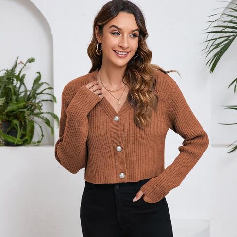 Women's Fall Cropped Cardigan Sweaters V Neck Long Sleeve Open Front Button Down Knit Sweater Tops Outerwear Coats. in Saudi Arabia