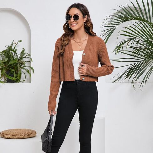 Women's Fall Cropped Cardigan Sweaters V Neck Long Sleeve Open Front Button Down Knit Sweater Tops Outerwear Coats. in Saudi Arabia