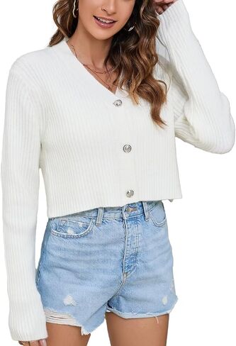 Women's Fall Cropped Cardigan Sweaters V Neck Long Sleeve Open Front Button Down Knit Sweater Tops Outerwear Coats. in Saudi Arabia