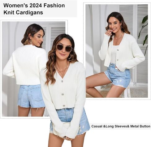 Women's Fall Cropped Cardigan Sweaters V Neck Long Sleeve Open Front Button Down Knit Sweater Tops Outerwear Coats. in Saudi Arabia