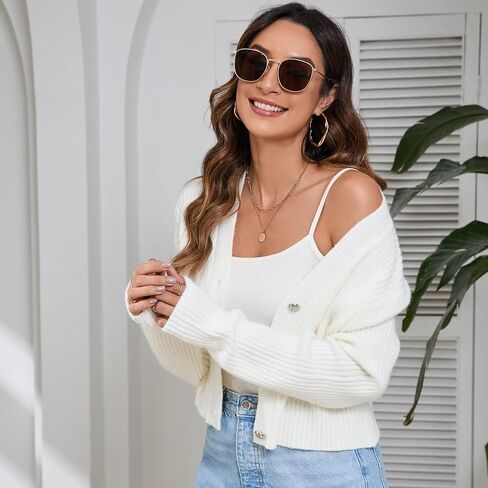 Women's Fall Cropped Cardigan Sweaters V Neck Long Sleeve Open Front Button Down Knit Sweater Tops Outerwear Coats. in Saudi Arabia