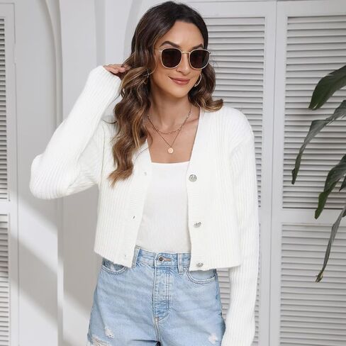 Women's Fall Cropped Cardigan Sweaters V Neck Long Sleeve Open Front Button Down Knit Sweater Tops Outerwear Coats. in Saudi Arabia