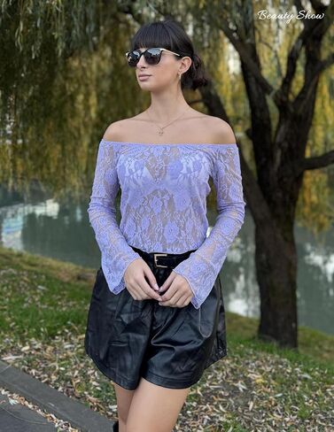 Avidlove Lace Mesh Crop Tops for Women Y2k Off Shoulder Tops Sexy Sheer Bell Long Sleeve Going Out Tops in Saudi Arabia