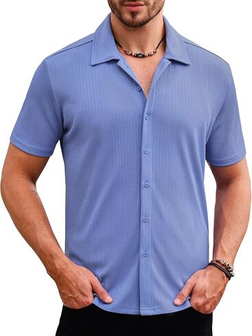 Mens Ribbed Knit Button Down Shirt Short Sleeve Stretch Summer Beach Shirt with Pocket in Saudi Arabia