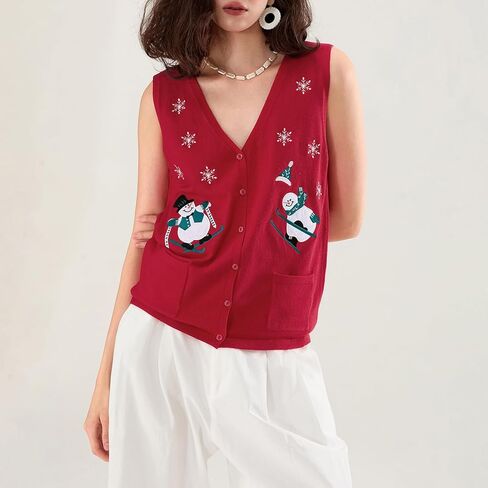 Women Christmas Knit Vest Top Santa Embroidery Sleeveless Button Down Sweater Vest Xmas Snowman Cardigans Tank Top in Saudi Arabia