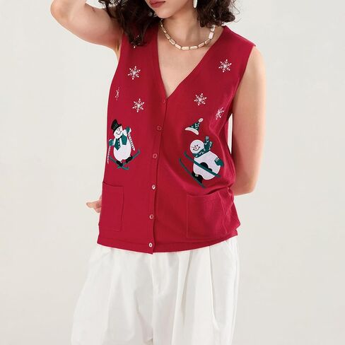 Women Christmas Knit Vest Top Santa Embroidery Sleeveless Button Down Sweater Vest Xmas Snowman Cardigans Tank Top in Saudi Arabia