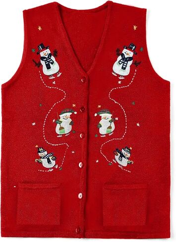 Women Christmas Knit Vest Top Santa Embroidery Sleeveless Button Down Sweater Vest Xmas Snowman Cardigans Tank Top in Saudi Arabia