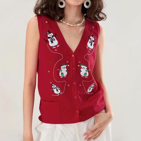 Women Christmas Knit Vest Top Santa Embroidery Sleeveless Button Down Sweater Vest Xmas Snowman Cardigans Tank Top in Saudi Arabia