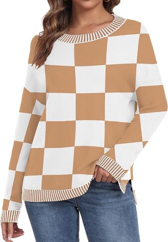 PrinStory Women's Long Sleeve Sweaters Loose Fit Crewneck Pullover Tops with Side Slits 2024 Fall Outfits Fashion Clothes in Kuwait