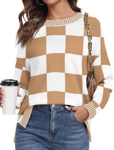 PrinStory Women's Long Sleeve Sweaters Loose Fit Crewneck Pullover Tops with Side Slits 2024 Fall Outfits Fashion Clothes in Kuwait