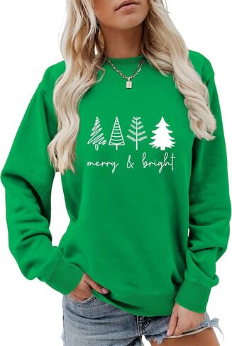 Women's Christmas Sweatshirts Funny Christmas Sweatshirts Green Printed Crew Neck Pullover Long Sleeves Casual Tops in Saudi Arabia