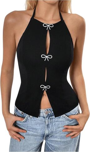 Verdusa Women's Y2K Bow Knot Halter Tops Cut Out Split Backless Cami Top in Saudi Arabia