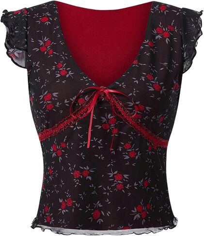 Milumia Women's Ditsy Floral V Neck Cap Sleeve T Shirt Lettuce Trim Mesh Tops in Saudi Arabia