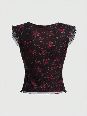 Milumia Women's Ditsy Floral V Neck Cap Sleeve T Shirt Lettuce Trim Mesh Tops in Saudi Arabia