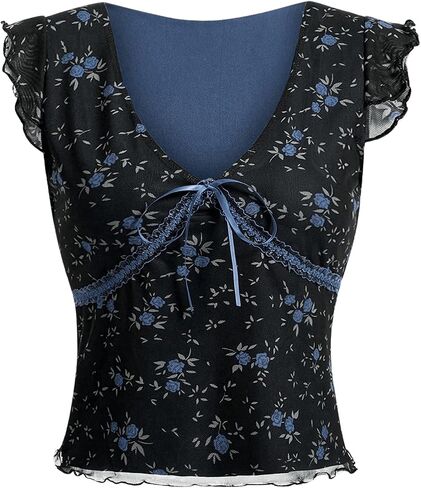 Milumia Women's Ditsy Floral V Neck Cap Sleeve T Shirt Lettuce Trim Mesh Tops in Saudi Arabia