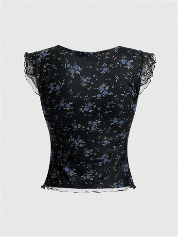 Milumia Women's Ditsy Floral V Neck Cap Sleeve T Shirt Lettuce Trim Mesh Tops in Saudi Arabia