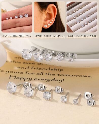 FUNEIA Gold Stud Earrings for Women Trendy Hypoallergenic Silver Dainty Cartilage Earring Stacks Cubic Zirconia Earrings Studs Sets for Multiple Piercing Tragus Piercing Jewelry in Saudi Arabia