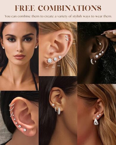 FUNEIA Gold Stud Earrings for Women Trendy Hypoallergenic Silver Dainty Cartilage Earring Stacks Cubic Zirconia Earrings Studs Sets for Multiple Piercing Tragus Piercing Jewelry in Saudi Arabia