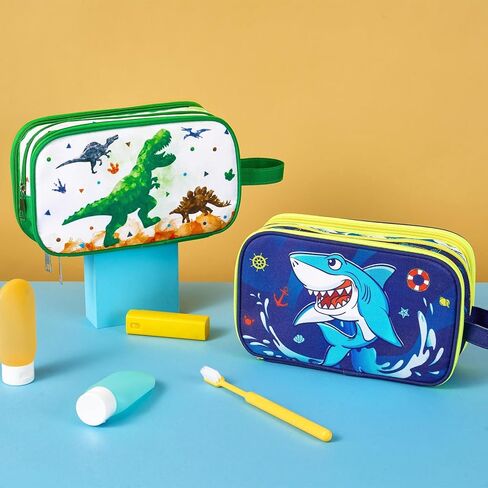 Dinosaur Toiletry Bag - Travel Toiletry Bag for Boys Kids Christmas Birthday Gift Toiletries Makeup Cosmetic Pouch Camping Traveling Toiletry Case Water-resistant Wash Bag Dopp Kit with Mesh Pocket in Kuwait