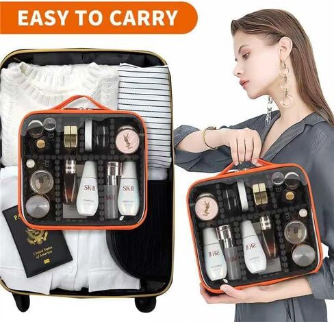 Clear Makeup Bag，Travel Cosmetic Organizer Bags for Women with Handle and Detachable Dividers, Portability Cosmetic case, Gift for Women, Gift for Girls, Orange in Saudi Arabia