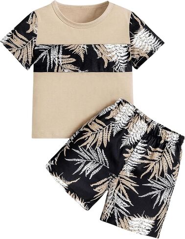 SweatyRocks Boy's 2 Piece Outfits Tropical Print Colorblock Short Sleeve T Shirts and Shorts Set in Saudi Arabia