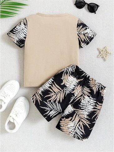 SweatyRocks Boy's 2 Piece Outfits Tropical Print Colorblock Short Sleeve T Shirts and Shorts Set in Saudi Arabia