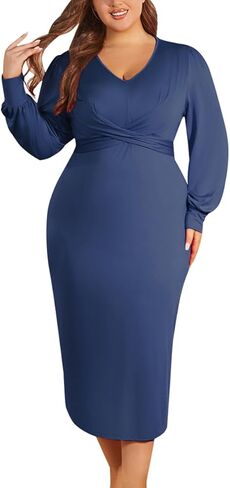 WUSENST Women's Long Sleeve Dress Casual V Neck Dresses Twist Waist Bodycon Cocktail Party Dress in Kuwait