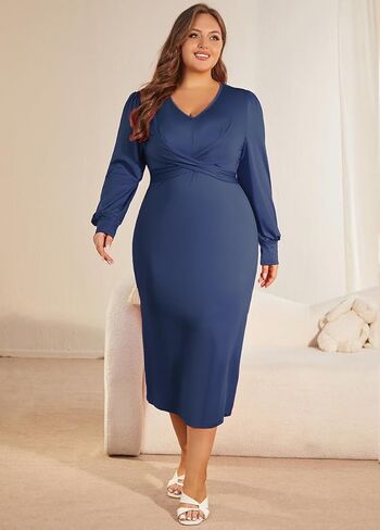WUSENST Women's Long Sleeve Dress Casual V Neck Dresses Twist Waist Bodycon Cocktail Party Dress in Kuwait