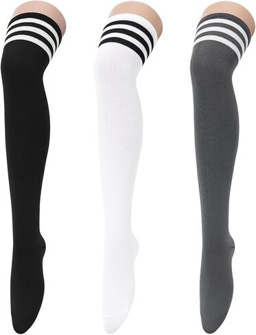 Komorebi 3 Pairs Womens Thigh High Socks Striped Over the Knee High Socks Casual Long Socks Cotton Thigh High Stockings in Kuwait