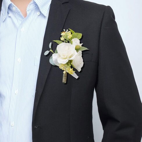 Groom Boutonniere 2 Pcs Wedding Bestman Lapel Artificial Flower Groomsman Parent Small Beige Roses Boutonniere Flower for Wedding Quinceanera Birthday Father Daughter Dance Prom Homecoming in Saudi Arabia