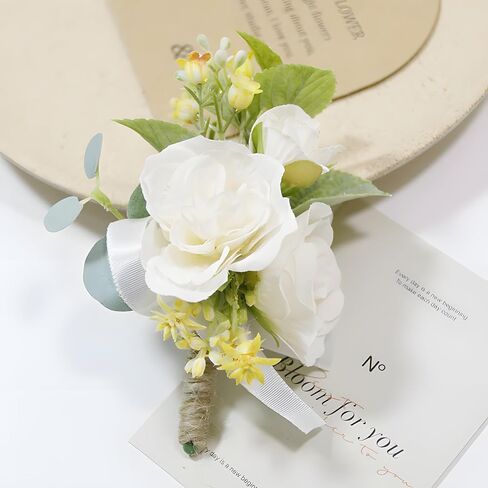 Groom Boutonniere 2 Pcs Wedding Bestman Lapel Artificial Flower Groomsman Parent Small Beige Roses Boutonniere Flower for Wedding Quinceanera Birthday Father Daughter Dance Prom Homecoming in Saudi Arabia