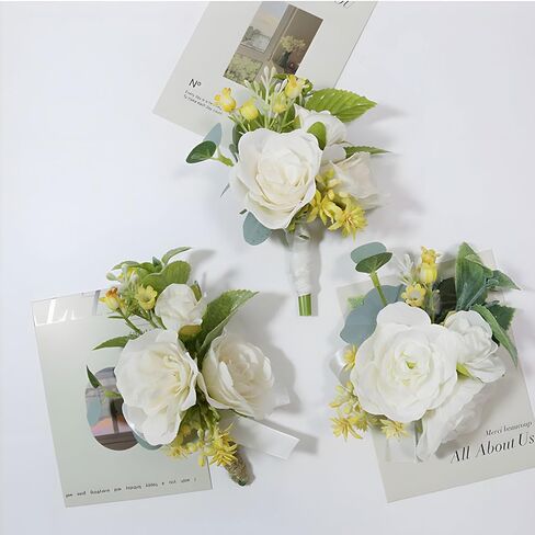 Groom Boutonniere 2 Pcs Wedding Bestman Lapel Artificial Flower Groomsman Parent Small Beige Roses Boutonniere Flower for Wedding Quinceanera Birthday Father Daughter Dance Prom Homecoming in Saudi Arabia