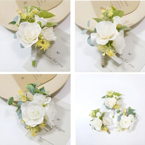 Groom Boutonniere 2 Pcs Wedding Bestman Lapel Artificial Flower Groomsman Parent Small Beige Roses Boutonniere Flower for Wedding Quinceanera Birthday Father Daughter Dance Prom Homecoming in Saudi Arabia