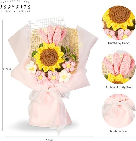 JSPYFITS Crochet Flowers Bouquet, Handdmade Knitted Bouquet Flower, Eternal Flowers Bouquet for Girlfriend Mother,Valentine's Birthday Wedding Gift (Pink Tulips Sunflower) in Saudi Arabia