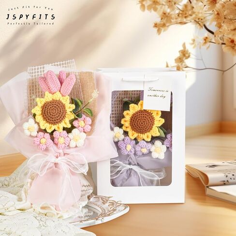 JSPYFITS Crochet Flowers Bouquet, Handdmade Knitted Bouquet Flower, Eternal Flowers Bouquet for Girlfriend Mother,Valentine's Birthday Wedding Gift (Pink Tulips Sunflower) in Saudi Arabia