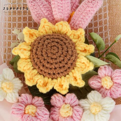 JSPYFITS Crochet Flowers Bouquet, Handdmade Knitted Bouquet Flower, Eternal Flowers Bouquet for Girlfriend Mother,Valentine's Birthday Wedding Gift (Pink Tulips Sunflower) in Saudi Arabia